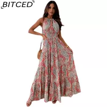 BITCED Женское модное сексуальное платье с цветочным принтом и открытой спиной Длинные платья в стиле бохо S красный