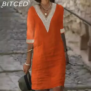 BITCED Женское однотонное повседневное платье из хлопка и льна с V-образным вырезом и рукавами средней длины S белый