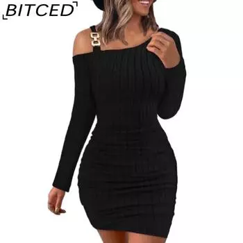 BITCED Женское осенне-зимнее новое однотонное платье с металлической пряжкой, косым воротником, облегающим бедрами, сексуальным платьем с длинными рукавами S чёрный