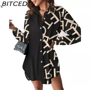 BITCED Женское осенне-зимнее платье с длинным рукавом и принтом в стиле пэчворк с пуговицами Женская рубашка S чёрный