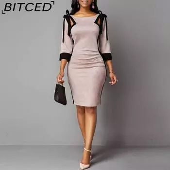 BITCED Женское осенне-зимнее платье с завязками на плечах и рукавами три четверти с разрезом сзади S розовый