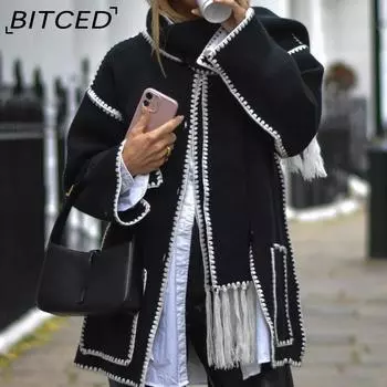 BITCED Женское осенне-зимнее модное шерстяное пальто утолщенное свободное с бахромой на шарфе для женщин S светло-серый