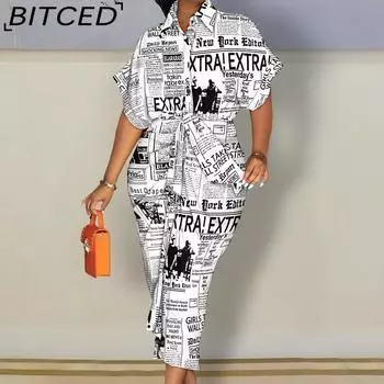 BITCED Женское осеннее платье-рубашка с длинным рукавом, V-образным вырезом, пуговицами и принтом, длинное платье S разноцветный