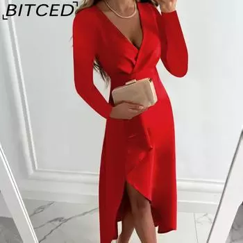 BITCED Женское осеннее платье с длинным рукавом, V-образным вырезом, усадочной сеткой и разрезом по низу S красный