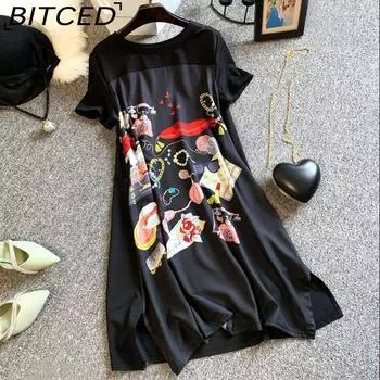 BITCED Женское платье больших размеров А-силуэта свободного покроя, черное длинное платье-футболка, шелковистое, удобное L чёрный