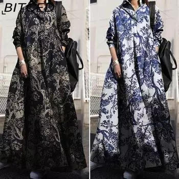 BITCED Женское платье макси свободного кроя с длинными рукавами и цветочным принтом S синий