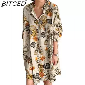 BITCED Женское платье-рубашка с отложным воротником и длинными рукавами, летнее модное клетчатое платье с принтом S белый