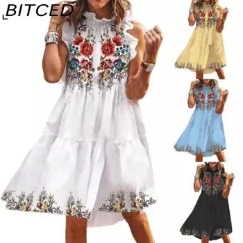 BITCED Женское платье с цветочным принтом, свободное уличное платье длиной до колена без рукавов с оборками, вечернее платье S-3XL S