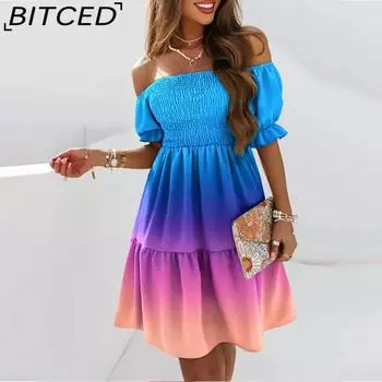 BITCED Женское платье с коротким рукавом, одним вырезом, талией, сборками и принтом S синий