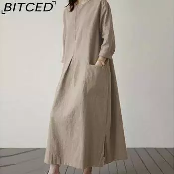 BITCED Женское повседневное хлопковое длинное платье с круглым вырезом и рукавами 3/4 Повседневные платья S чёрный