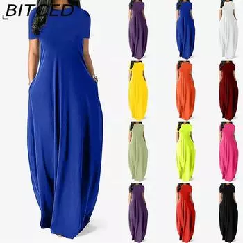 BITCED Женское повседневное свободное длинное платье с круглым вырезом и коротким рукавом, летнее пляжное платье, элегантное вечернее платье S белый