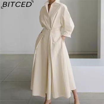 BITCED Женское повседневное свободное длинное платье с отложным воротником и длинным рукавом S белый