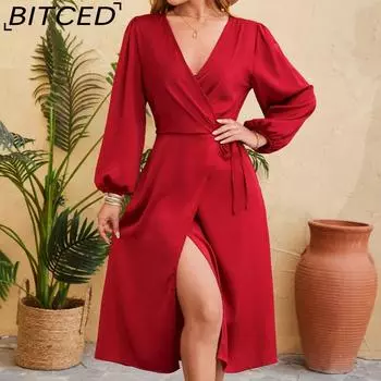 BITCED женское весенне-летнее атласное однотонное платье с v-образным вырезом и разрезом, сексуальное платье
