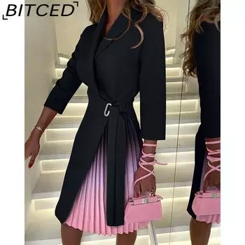 BITCED женское платье с длинным рукавом весна-осень с V-образным вырезом, модное, с завязками на талии и средними рукавами, со складками S зелёный