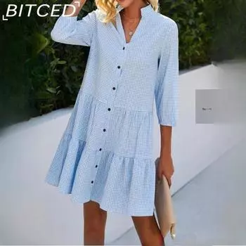 BITCED Женское весеннее клетчатое платье-рубашка с рукавом 1/4 и воротником-стойкой S синий