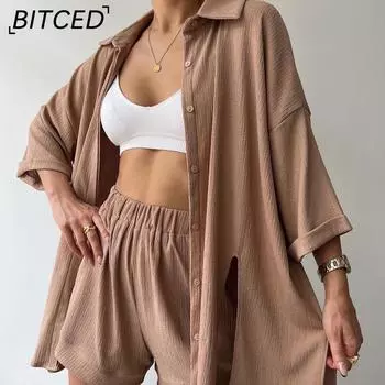 BITCEDN Женский индивидуальный костюм с рубашкой и шортами со средними рукавами и разрезом S серый