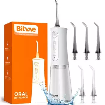 Bitvae Oral Irrigator Jet Washer 3 режима 5 уровней интенсивности 6 сменных насадок USB-аккумулятор IPX7 Водонепроницаемый уход за межзубными промежутками Идеально подходит для дома