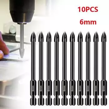 Биты для стекла с шестигранной головкой, карбид вольфрама, 10 шт., для сверления