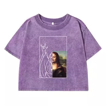 Biye S Mona Lisa Printing Female Washed Short T-Shirt Fashion Casual Tshirt Street Tops Summer Loose Distress Clothes M