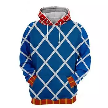 Bizarre Adventure Jojos Hoodie 3d Print Hooded Sweatershirt Cosplay Pullover Blue Grid,M