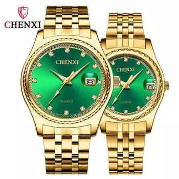 Бизнес-календарь Парные часы Стальной ремень Бриллиант Зеленое золото Парные кварцевые часы Водонепроницаемые Ночной Светильник Модные Подарочные часы на День Святого Валентина Male-Black