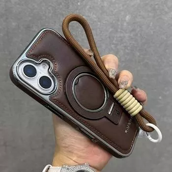 Бизнес кожаный магнитный чехол-кронштейн для iPhone 16 Pro Max 15 Pro 14 13 12 роскошный ремешок противоударный для Magsafe Stand Phone Cover iPhone 16 хаки