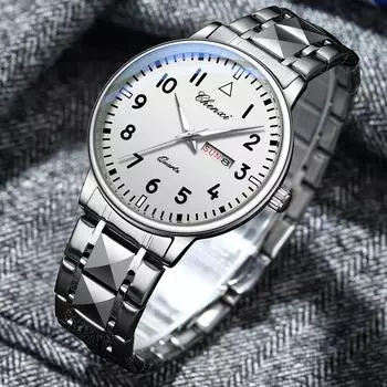 Бизнес Модные мужские кварцевые часы с ремешком из нержавеющей стали Водонепроницаемые светящиеся календарные мужские недели Простые повседневные часы белый