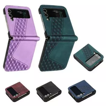 Бизнес-премиум кожаный чехол для Samsung Galaxy Z Flip 6 5 4 3 слота для кредитных карт чехол для телефона противоударный армированный 3D геометрический For Samsung Z Flip 5 фиолетовый