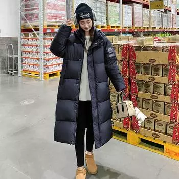 Black and gold down cotton-padded clothes for women in winter, loose over the knee, thickened long cotton-padded clothes, cotton-padded jackets. S чёрный