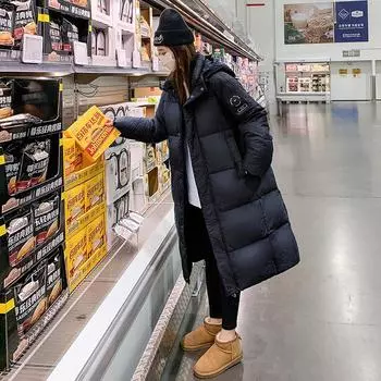 Black and gold down cotton-padded clothes for women s winter 2024 new version loose over the knee thickened long cotton-padded jacket S чёрный