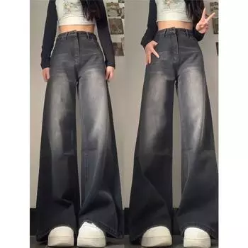 Black and Gray Wide Leg Denim Women s Summer Thin Plus Size Ladies High Waist Slimming Straight Pants 2025 New Arrival Cover Pants Smoke Black 3XL([Recommended 80.00 kg-90.00 kg]])