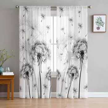 Black And White Dandelion Plant Sheer Curtains for Living Room Decoration Window Curtains Kitchen Tulle Voile Organza Curtains W135 x H115cm x1