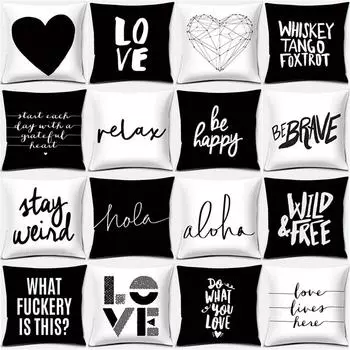 Black and White English Sentence Series Printed Square Home Decor Pillow Cover Car Sofa Cushion 40x40cm
