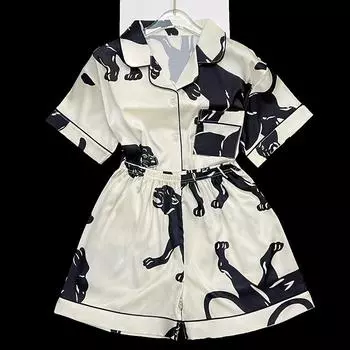 Black and White Handsome Cartoon Print Two-piece Set Pajamas Women Summer Cool Casual Fashion Trendy Sleepwear Home Suit M