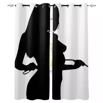 Black And White Lady Shadow Blackout Curtains for Children Kids Home Decor Bedroom Living Room High Shading Window Curtains W135 x H60cm