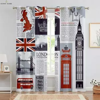 Black And White Retro Building Red Bus 3d Printing Curtain Bedroom Living Room Kitchen Study Room Decorative Curtain 2 Pieces W50xH140(CM)x2PCS&Rod pocket