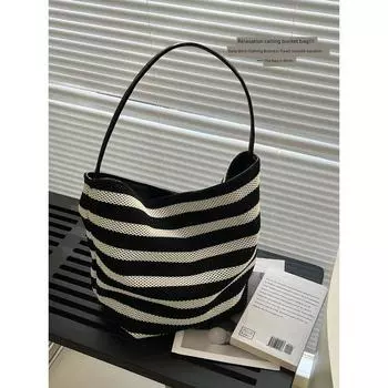 Black and White Stripe Bucket Bag Women Large Capacity Large Bag Leisure Vacation Beach Bag All-Match Portable Shoulder Tote Bag Black and white Stripes