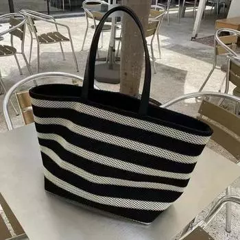 Black and White Stripes Woven Lazy Style Lightweight Tote Bag 9093# striped bag (small bag with inner container)