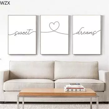 Black And White Sweet Dreams Quotes Print Nursery Wall Art Canvas Poster Line Heart Minimalist Painting Home DecorWall Pictures 21x30cm No Framed