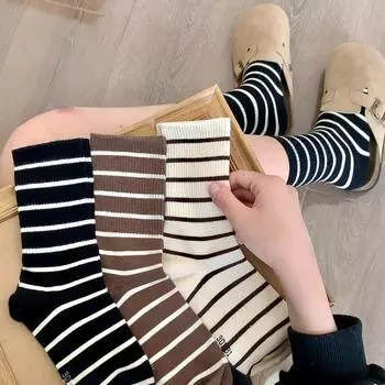 Black And White Women S Fashion Medium Tube Striped Socks Warm Versatile Sports Cotton Socks Stockings Stockings Women S One Size серый