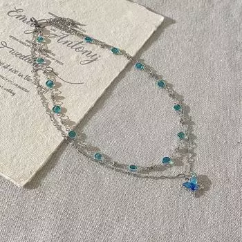 Black Aunt Ornament Blue Zircon Butterfly Double-Layer Necklace Accessories Female 2024 New Arrival Niche Style Classy Clavicle Chain Fashion Blue Zircon Butterfly Double Layer Necklace