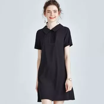 Black Autumn Clothes Slimming Hepburn Style Chiffon Dress Black [short sleeve]] XL