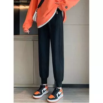 Black Autumn Winter Ankle-Banded Harem Slimming Pure Cotton Track Pants 6063 black [not Fleece-lined]] 2XL