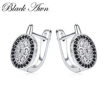 BLACK AWN Jewelry Круглые серьги Черный камень Обручальные серьги-кольца для женщин