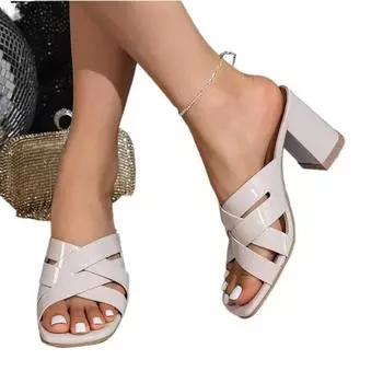 Black Beige Women Shoes Fashion Square Open Toe Thick High Heels Sandals Summer Women Cross Strap Party Shoes Sandalias De Mujer 36 бежевый