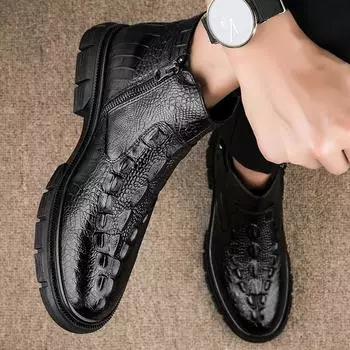 Black Boots for Men Fashion Side Zipper Crocodile Skin Shoes Platform Ankle Boots Outdoor Comfortable Soft Men Motorcycle Boots 37 чёрный