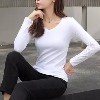 Black Bottoming Shirt Women s Long-Sleeved T-shirt 2023 Autumn and Winter Inner Wear Large Size Hot Clothes Velvet Padded All-Matching Tops Ins White V Neck [thin]] L