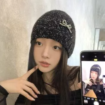 Black Bowknot Beanies Hat Pearl Knit Cap Fashion Sequin Knitted Hat Warm solid color