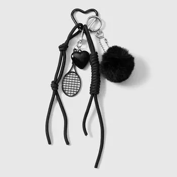Black Braided Rope Keychain Three-Dimensional Love Ball Racket Cherry Charm Pendant Keyring Simple Bag Decoration
