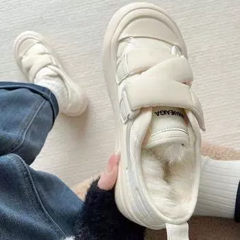 Черные туфли на липучке, теплые, пушистые, хлопковые туфли для женщин 2024 года, бархатные, новые, универсальные, на толстой подошве 35